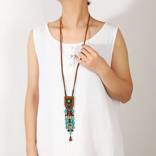 新疆复古民族风项链藏族皮革仿绿松石流苏饰品云南异域风写真颈链