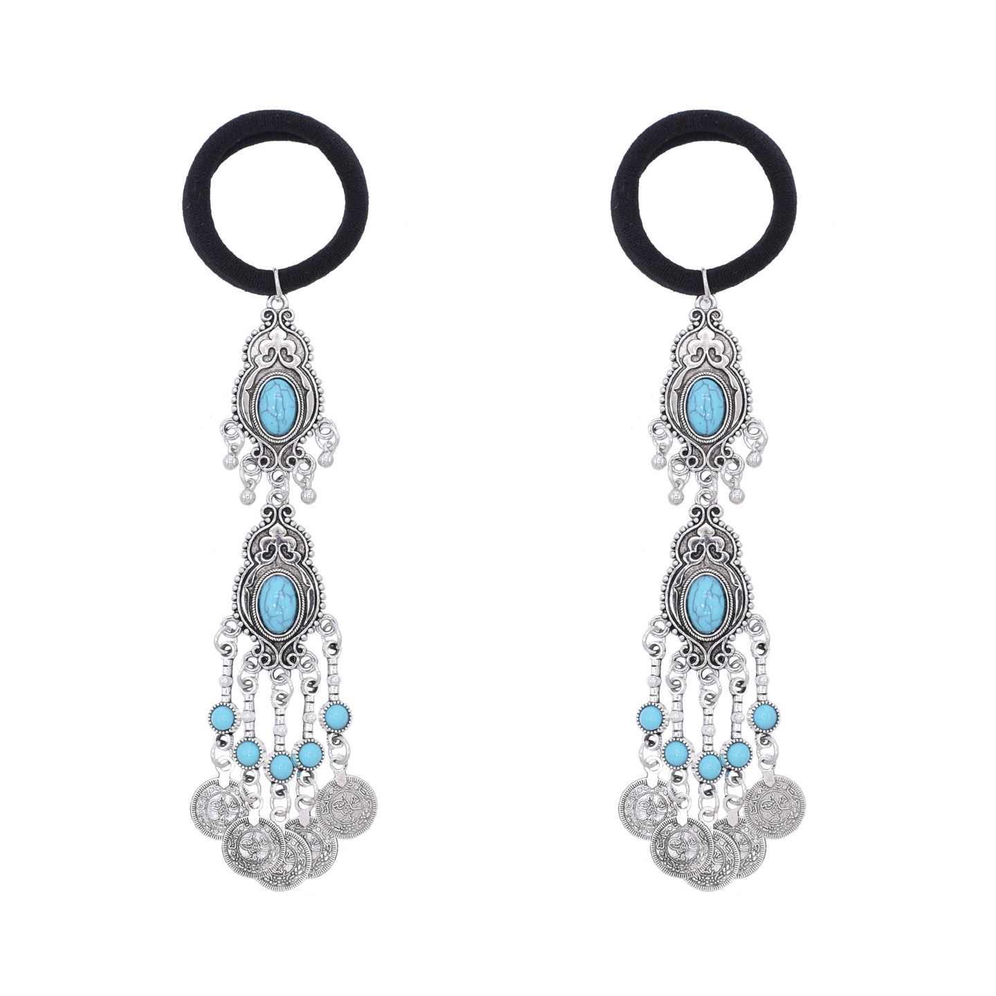 新款哈萨克民族风发饰复古异域风情做旧钱币流苏发圈女仿松石发绳