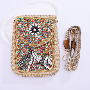 民族风串珠手机包手工米珠编织斜挎小包云南西双版 纳旅游度假女包