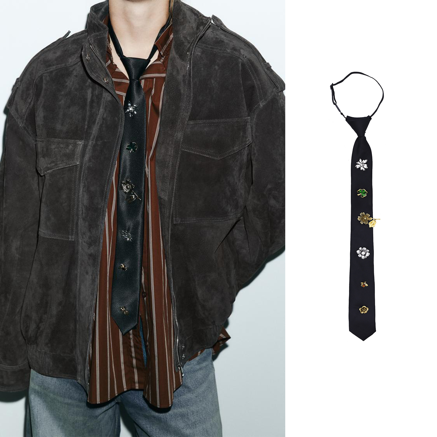 秋款花朵昆虫水钻复古领带项链