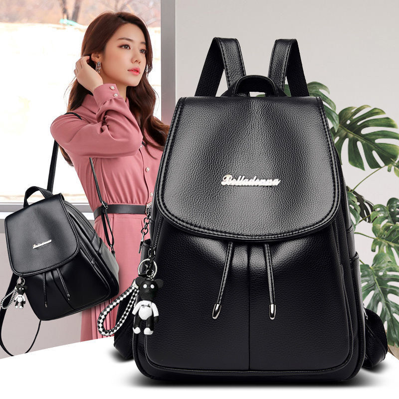 2026年新款气质通勤风双肩包女黑色pu皮大容量百搭日常背包防水