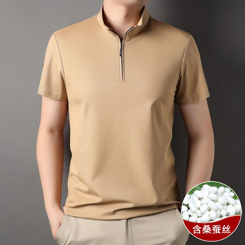 高档夏季新款恤男士短袖含桑蚕丝半拉链衫纯色简约立领套头休