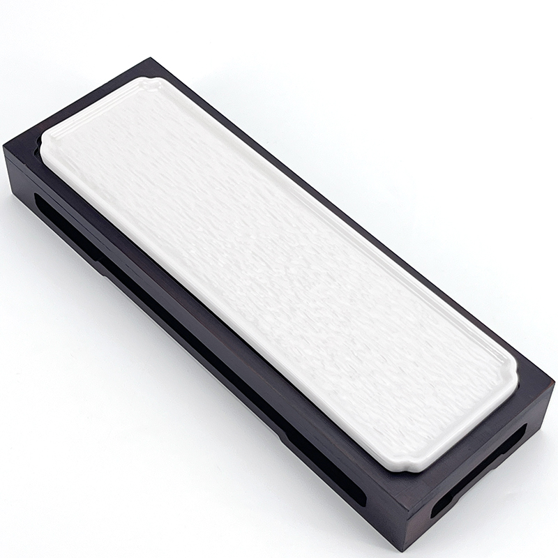 新中式复古棕色竹木底座配白色长条陶瓷冷菜盘私房菜会所高档餐具