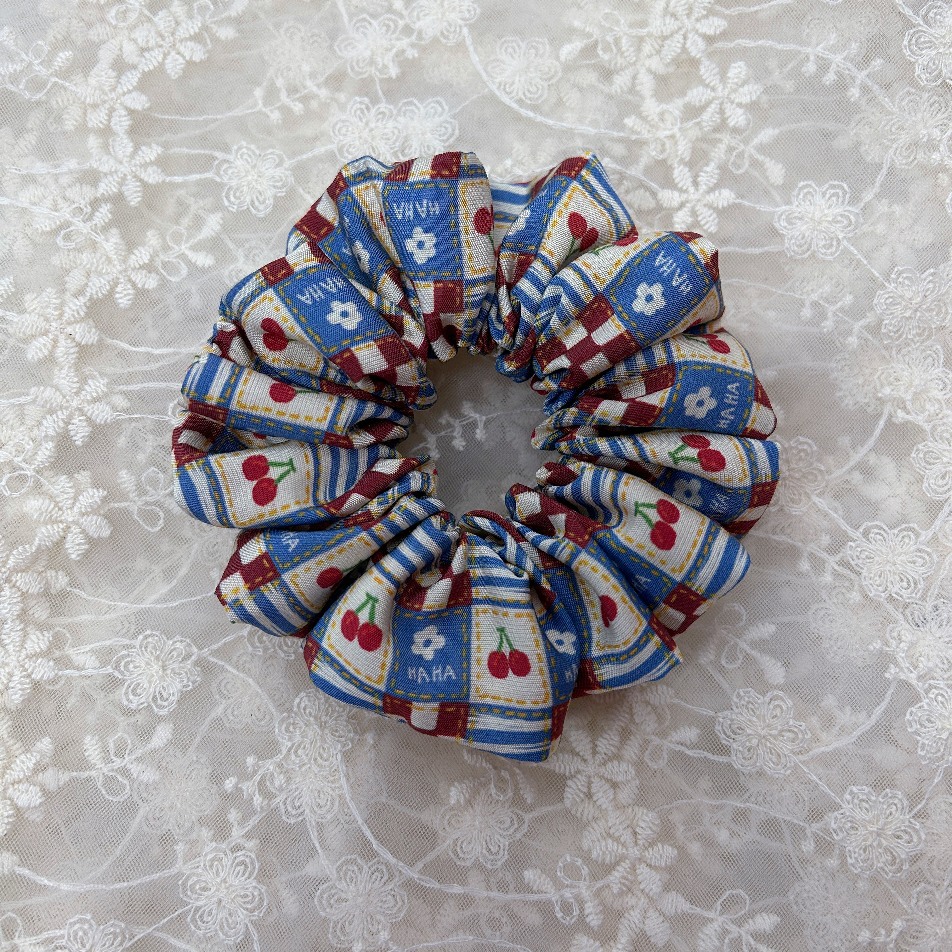 韩国樱桃花朵蓝色系大肠发圈高级感洋气新款大肠头发发绳发饰头绳