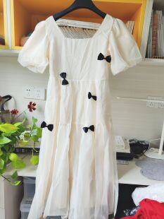 均码 杏色蝴蝶结天丝连衣裙 腰围76 胸88 不退换 长107