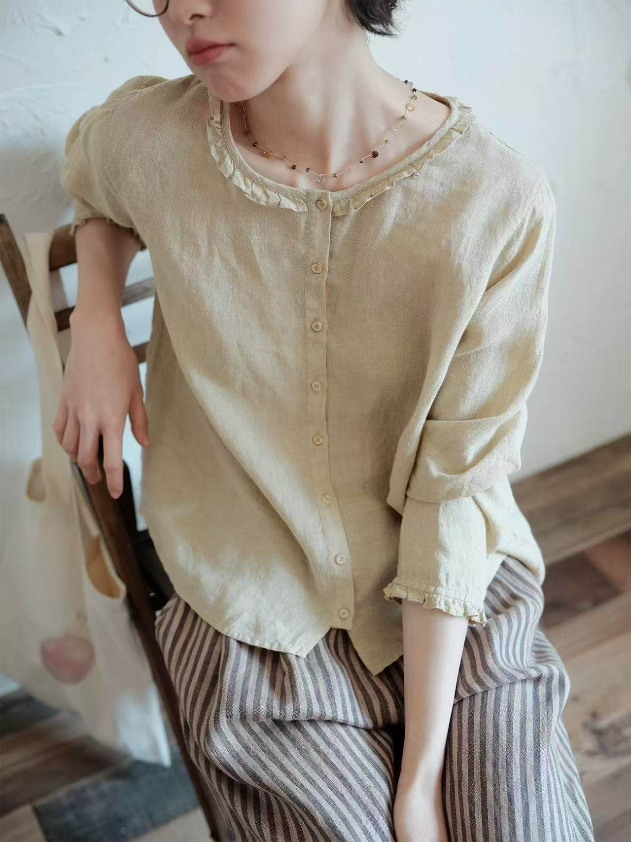 2026新品汉麻木耳边衬衫圆领长袖上衣文艺日系风格穿搭女春,女装/女士精品,汉服上装,淘宝优惠券,粉丝福利购,淘宝优惠卷