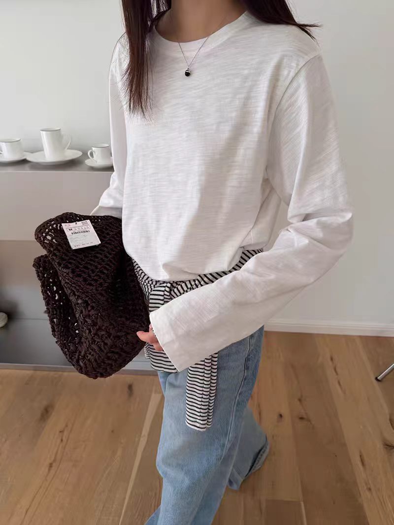 汉麻棉白色长袖T恤女夏季简约黑色百搭圆领宽松中长款打底衫26185