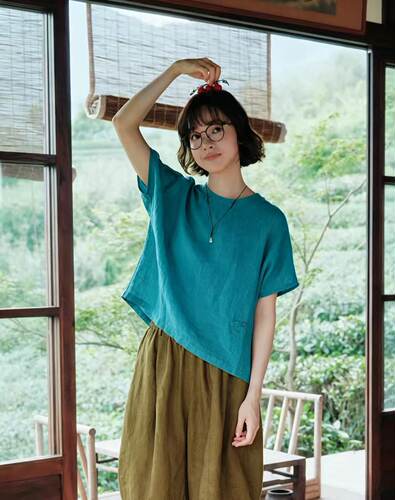 「孔雀蓝」100%色织汉麻圆领T恤宽松休闲短袖夏女