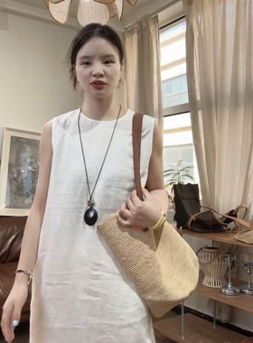 2025春夏新品高品质汉麻时尚清凉无袖茧型套头长款连衣裙25131