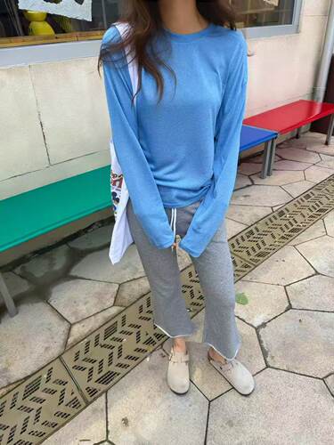 慵懒蓝色汉麻棉防晒长袖T恤宽松罩衫氧感2026秋季上衣女26181