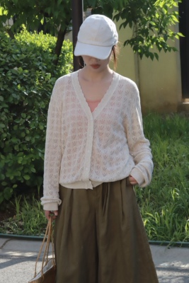 QM【法式钩花】汉麻长袖镂空勾花针织开衫V领遮阳空调衫夏