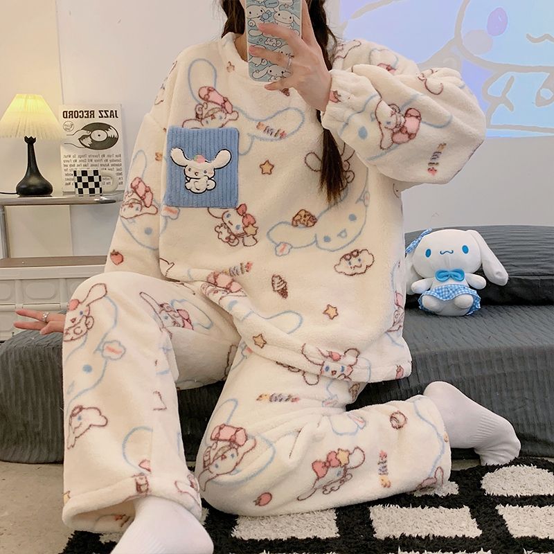 珊瑚绒睡衣女款秋冬季加绒加厚春