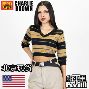 【北京现货】FB County polo横条纹西海岸HIPHOP V领长袖露脐杉