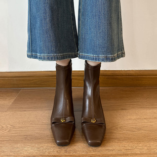 方头粗跟短靴女 小香风蝴蝶结弹力瘦瘦靴子秋冬新款 Evsonen