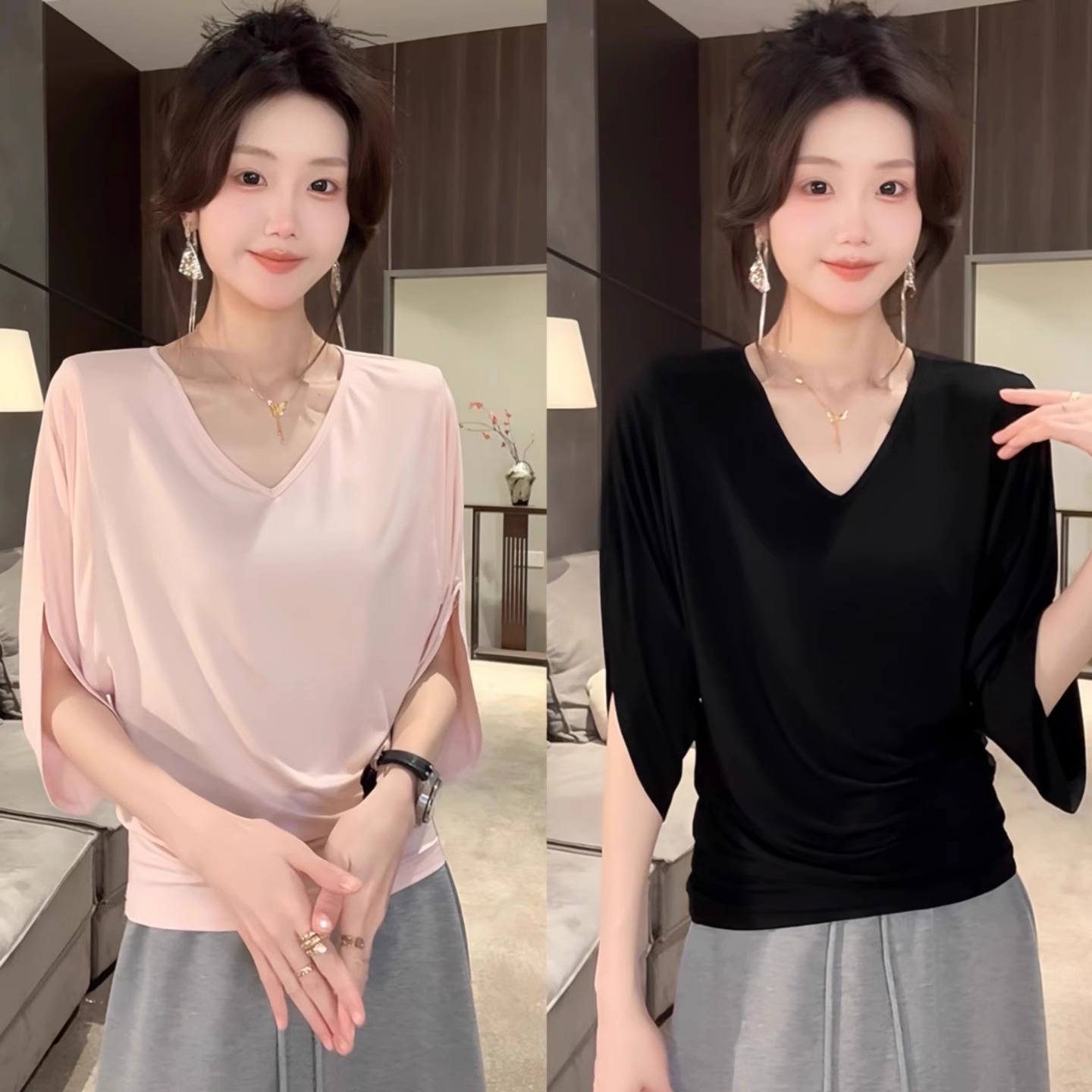 面膜感蝙蝠袖V领短袖t恤女夏宽松显瘦开叉收腰显瘦垂感五分袖上衣