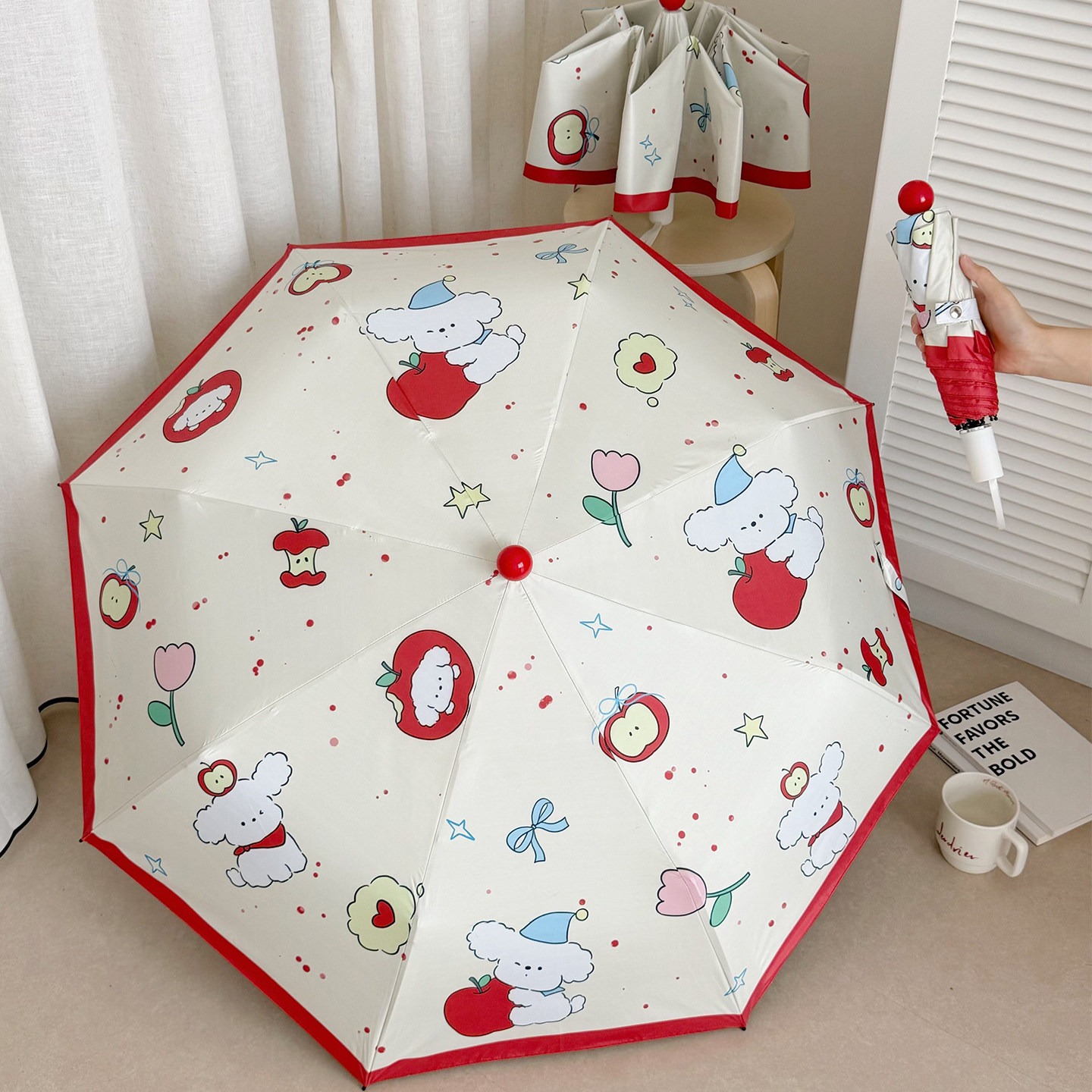 卡通可爱苹果小狗全自动雨伞女红球伞帽便携折叠晴雨两用遮阳伞