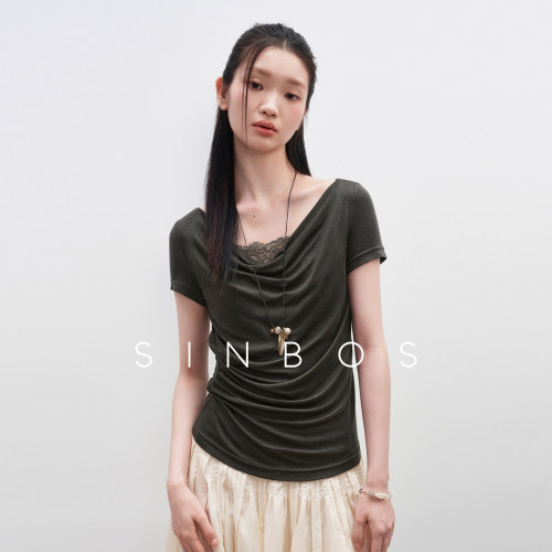 【汤曼妮粉丝专享】SINBOS褶光罗纱 蕾丝拼接荡领美利奴羊毛T恤