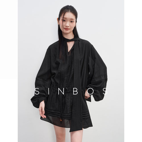 【汤曼妮粉丝专享】SINBOS风之笺 微皱条纹肌理飘带莱赛尔连衣裙