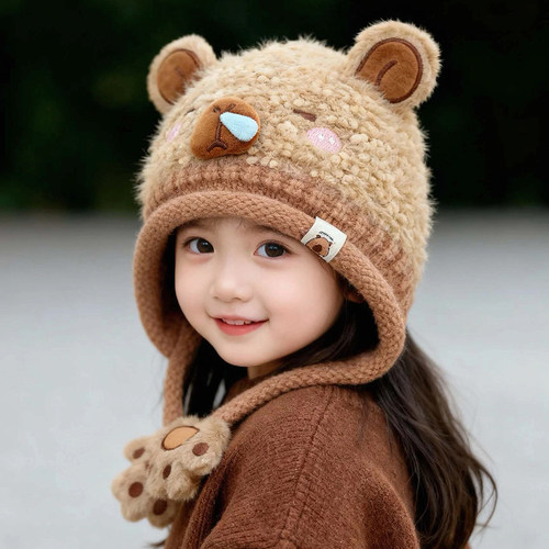 卡皮巴拉儿童小熊毛绒护耳帽