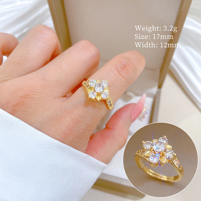 18K镀金满钻花朵锆石个性开口可调节款轻奢手饰日系指环情侣对戒