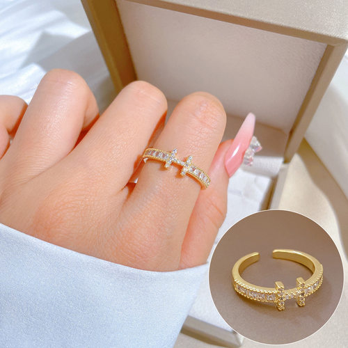 18K镀金满钻H婚戒戒指开口可调节款简约手饰日系指环情侣对戒