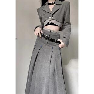 短外套半身高腰百褶裙两件套 女学院风小众复古西装 美式 甜辣裙套装