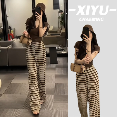 韩系条纹阔腿裤休闲t恤两件套装
