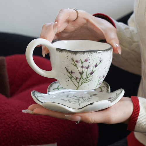 岸梵高级感陶瓷咖啡杯碟田园风复古手绘拿铁杯下午茶杯早餐喝水杯