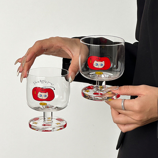 岸梵韩风可爱猫咪苹果玻璃杯高脚杯卡通喝水杯子夏日冷饮杯果汁杯