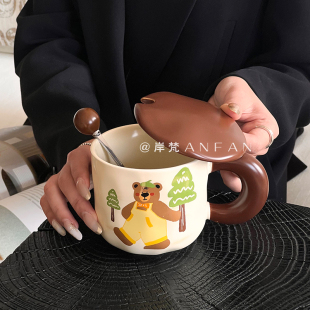可爱卡通陶瓷杯马克杯带盖勺美拉德风格 家用水杯礼品杯创意咖啡杯