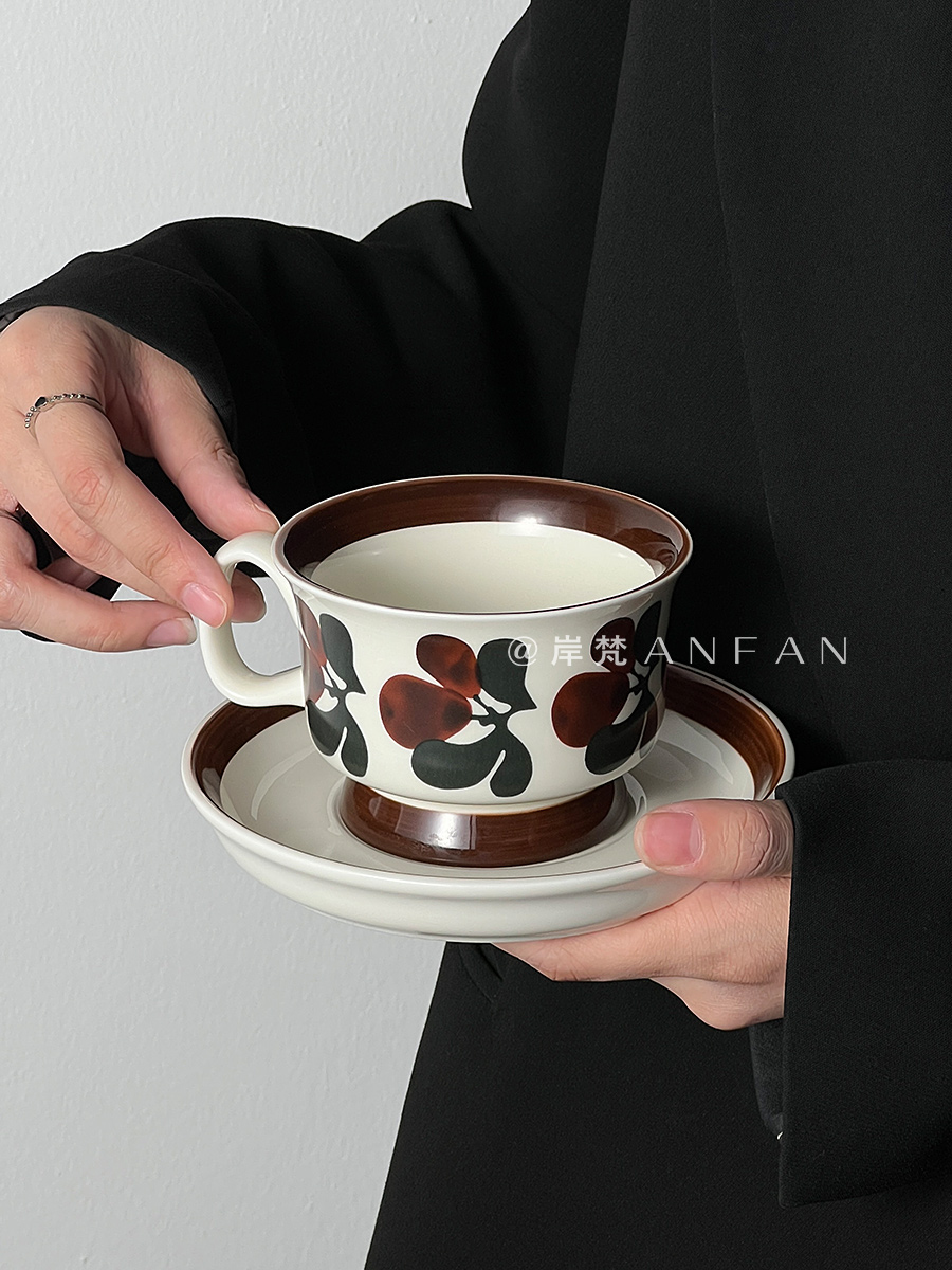 岸梵*中古创意陶瓷咖啡杯碟套装精致下午茶手绘马克杯带把手水杯