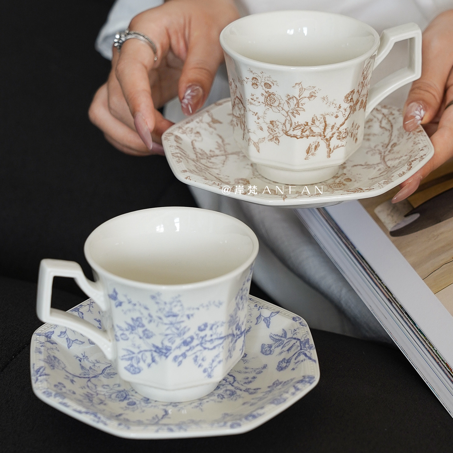 岸梵ins法式复古藤曼八角陶瓷咖啡杯拿铁拉花杯家用情侣喝水杯子