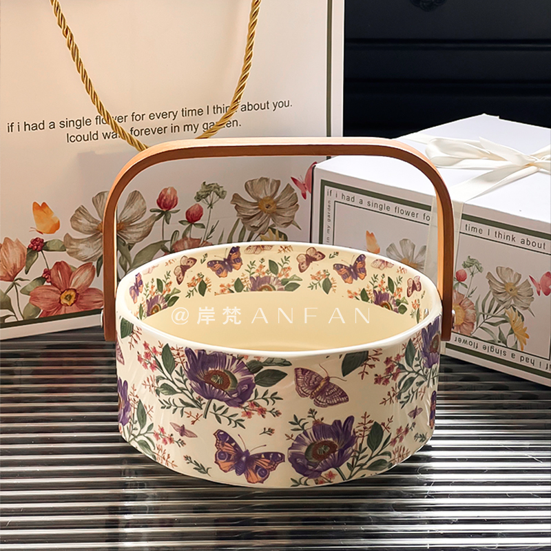 陶瓷复古手提果盘中式家用