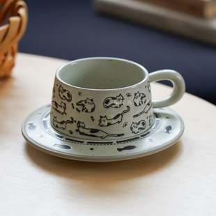岸梵ins高级感粗陶咖啡杯碟小众复古卡通陶土杯马克杯拿铁拉花杯