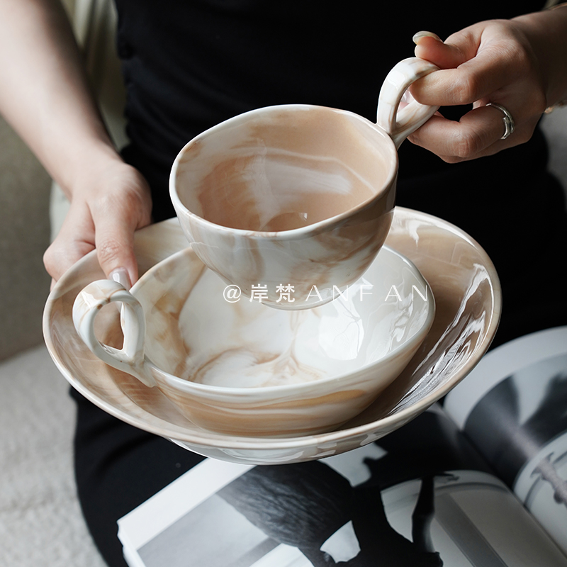 北欧陶瓷马克杯简约高级大理石纹咖啡杯高颜值大口径杯碗餐具套装