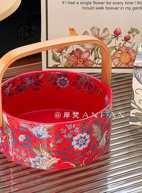 喜庆红色手提水果篮客厅茶几家用零食糖果收纳盘子高档陶瓷水果盆