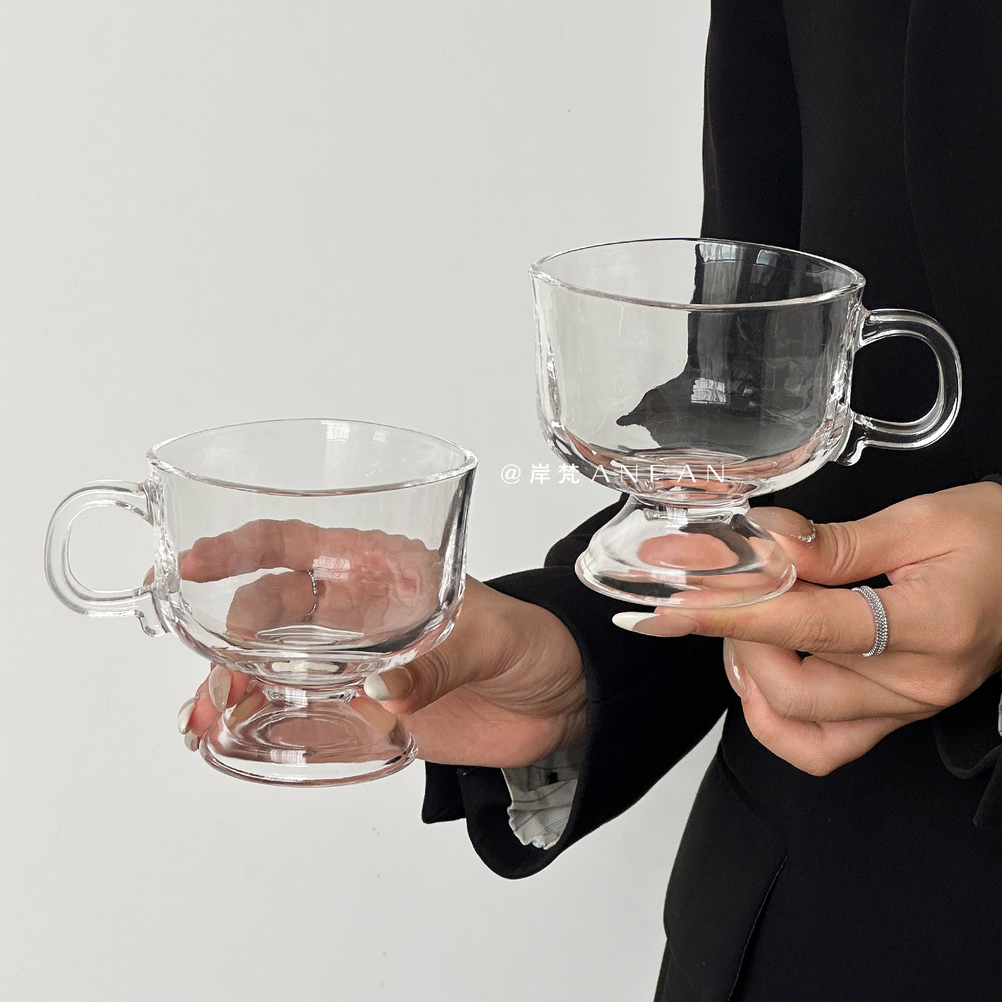岸梵创意玻璃杯咖啡杯冰美式拿铁水杯子带把手燕麦早餐杯甜品杯