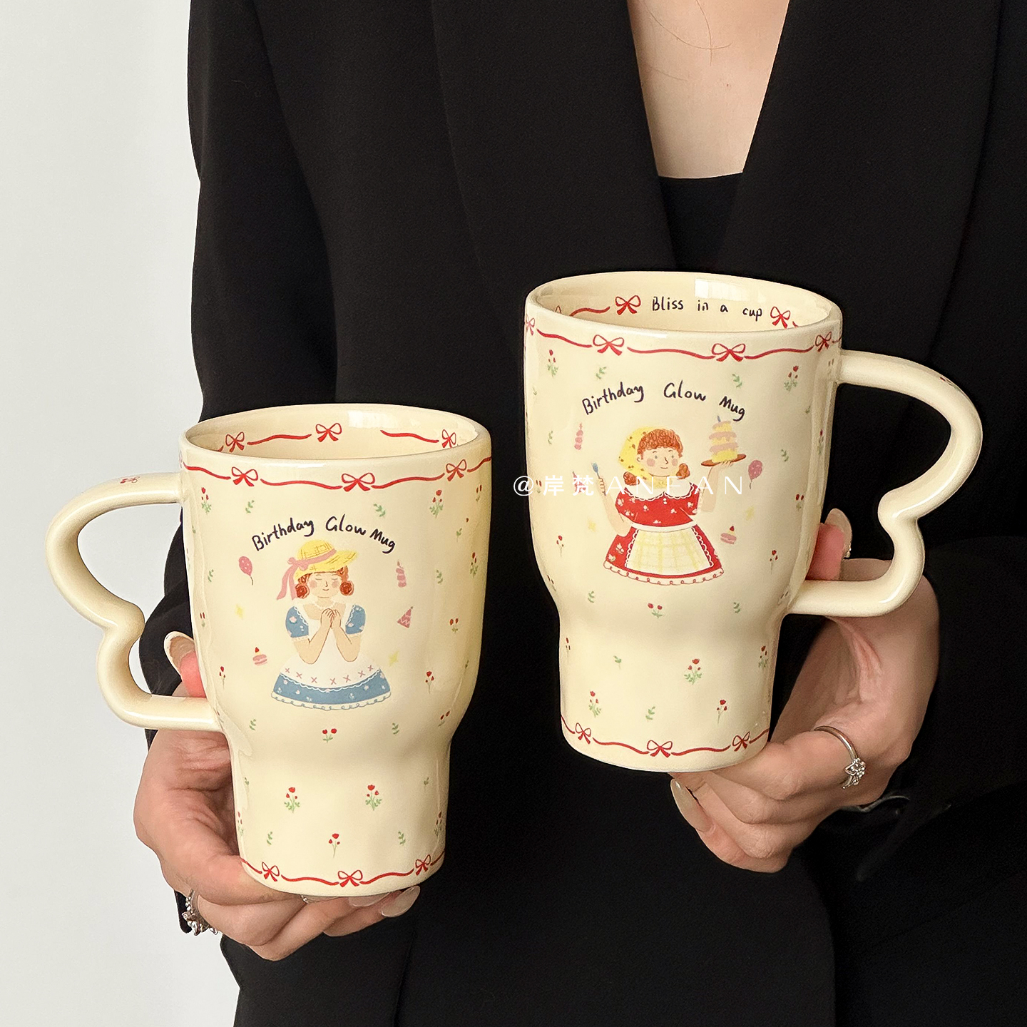 岸梵可爱陶瓷马克杯卡通有柄杯办公室喝水杯子咖啡杯早餐杯牛奶杯