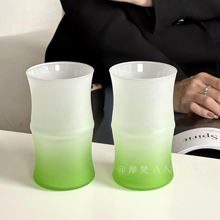 创意渐变绿竹节杯磨砂质感玻璃杯子高颜值家用饮料杯果汁杯 岸梵