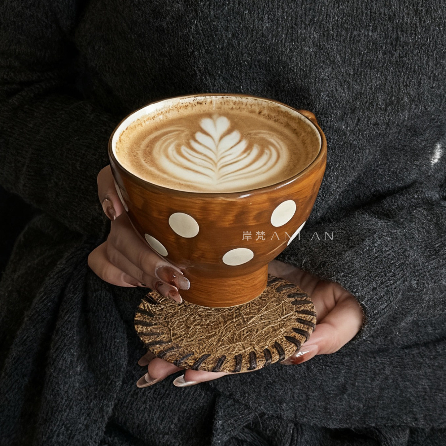 岸梵复古波点栗棕高脚碗咖啡杯陶瓷马克杯日式拉花拿铁杯牛奶杯子