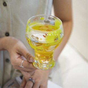 岸梵卡通啤酒杯高颜值喝水杯子可爱家用高脚杯玻璃杯果汁杯饮料杯