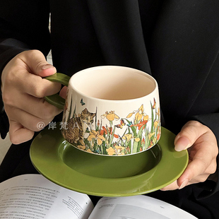 复古陶瓷咖啡杯碟套装中古风油画猫咪物语赫本风下午茶精致伴手礼