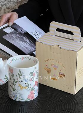 卡通陶瓷杯可爱马克杯喝水杯花间兔兔耳杯年会礼品伴手礼咖啡杯