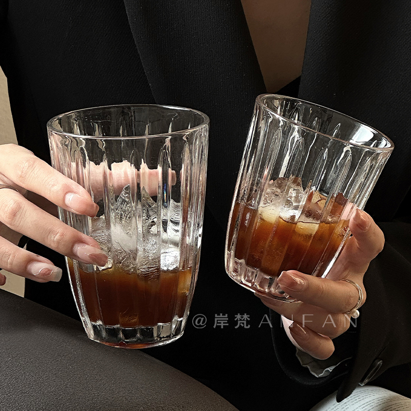 复古冰美式拿铁凹线条纹咖啡杯