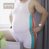 男士 运动健身连体衣摔跤服高弹睡衣内衣胖熊加肥加大 性感连体内裤