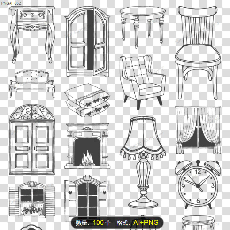 手绘线条家具图标简笔画家用电器ai文件png厨房用品窗户桌子椅子