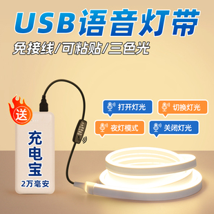 免接线声控灯带led充电宝智能语音控制三色灯条usb自粘卧室床头灯