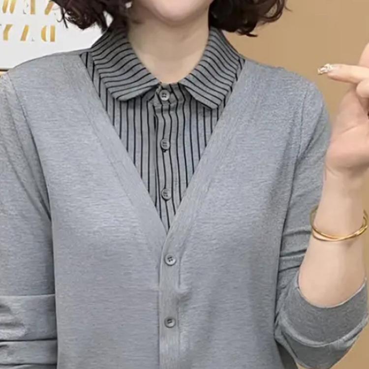 妈妈装春条纹衬衫拼接假两件小衫中年女时尚宽松T恤长袖洋气上衣