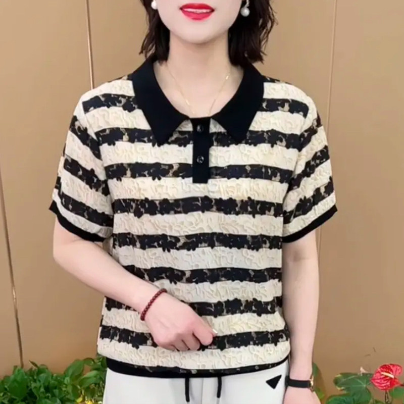 妈妈装夏Polo领宽条纹雪纺小衫中年女装时尚修身显瘦T恤短袖上衣