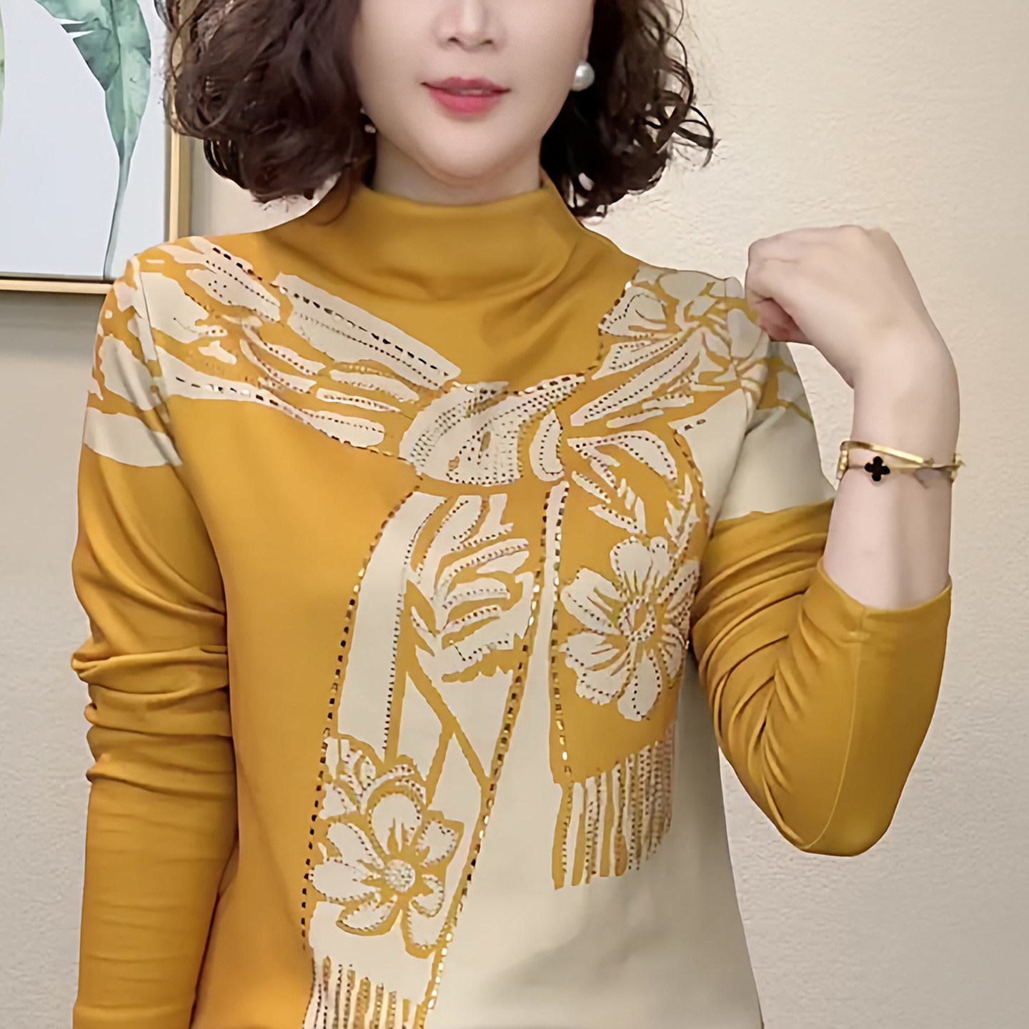 妈妈装秋季半高领围巾印花烫钻长袖小衫时尚女洋气T恤气质女上衣